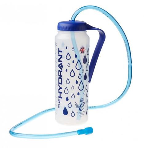 Hydrant bottle in clear plastic with water drop blue design and long blue straw